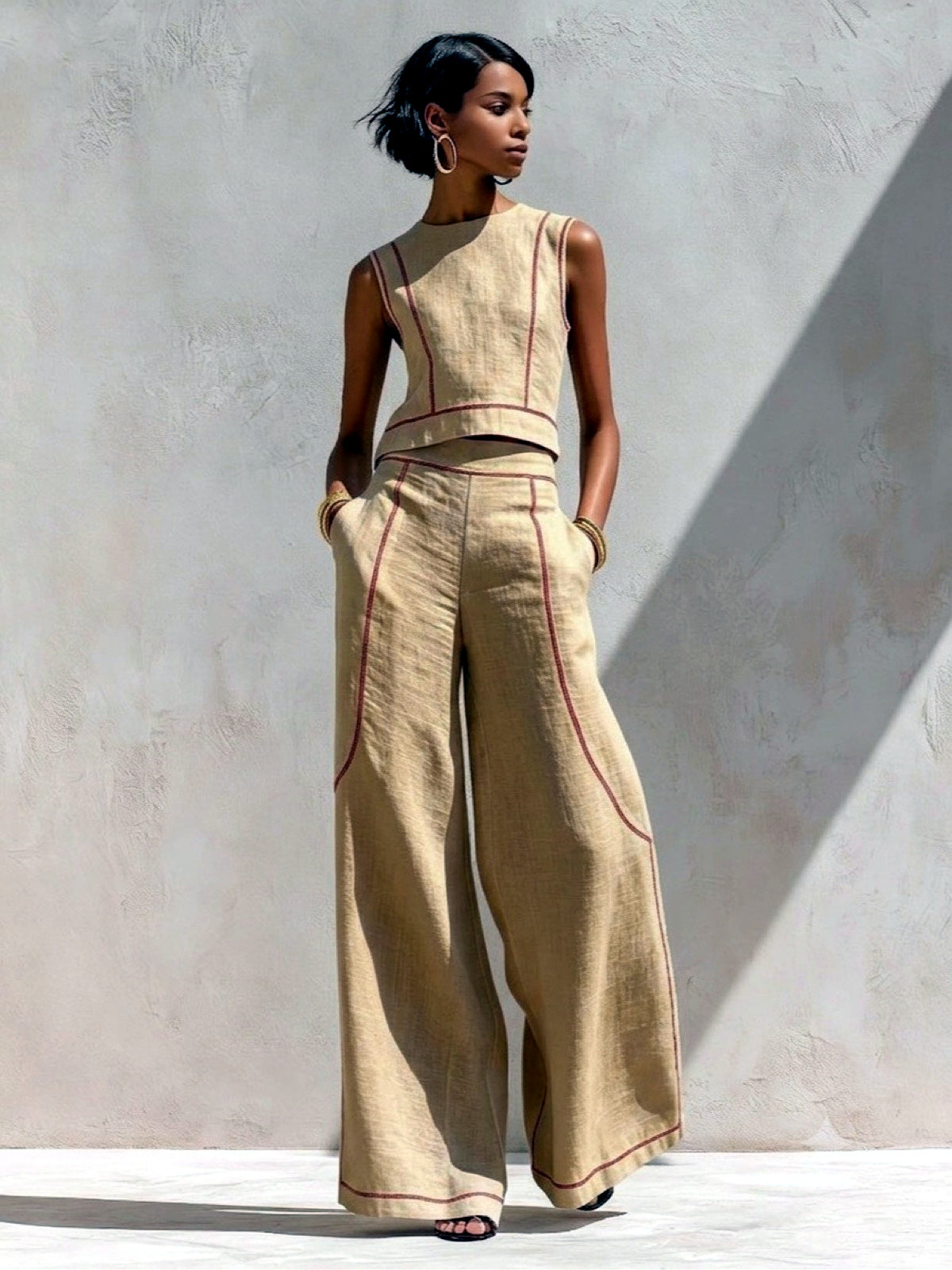 Women's Colorblock Sleeveless Wide-Leg Top & Pants Set in Khaki - product view