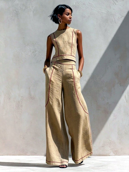 Women's Colorblock Sleeveless Wide-Leg Top & Pants Set in Khaki - product view