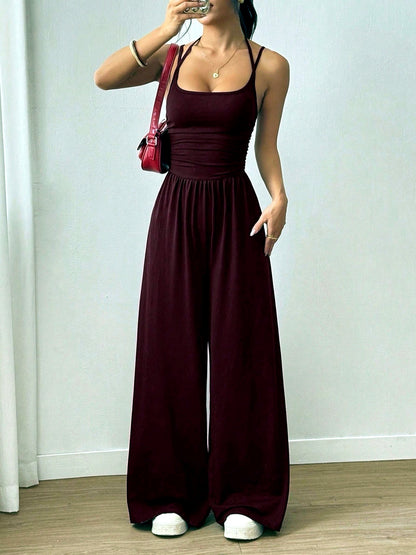 Women's Relaxed-Fit Sleeveless Stretch High-Waist Wide-Leg Jumpsuit in Burgundy - product view
