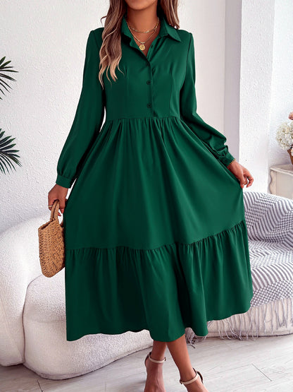 Women's Solid-Color Relaxed-Fit High-Waist Point-Collar Long-Sleeve Streetwear Shirt in Forest Green - product view
