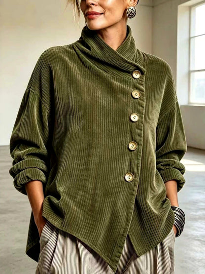 Women's Corduroy Relaxed-Fit Asymmetric Jacket in Army Green - product view