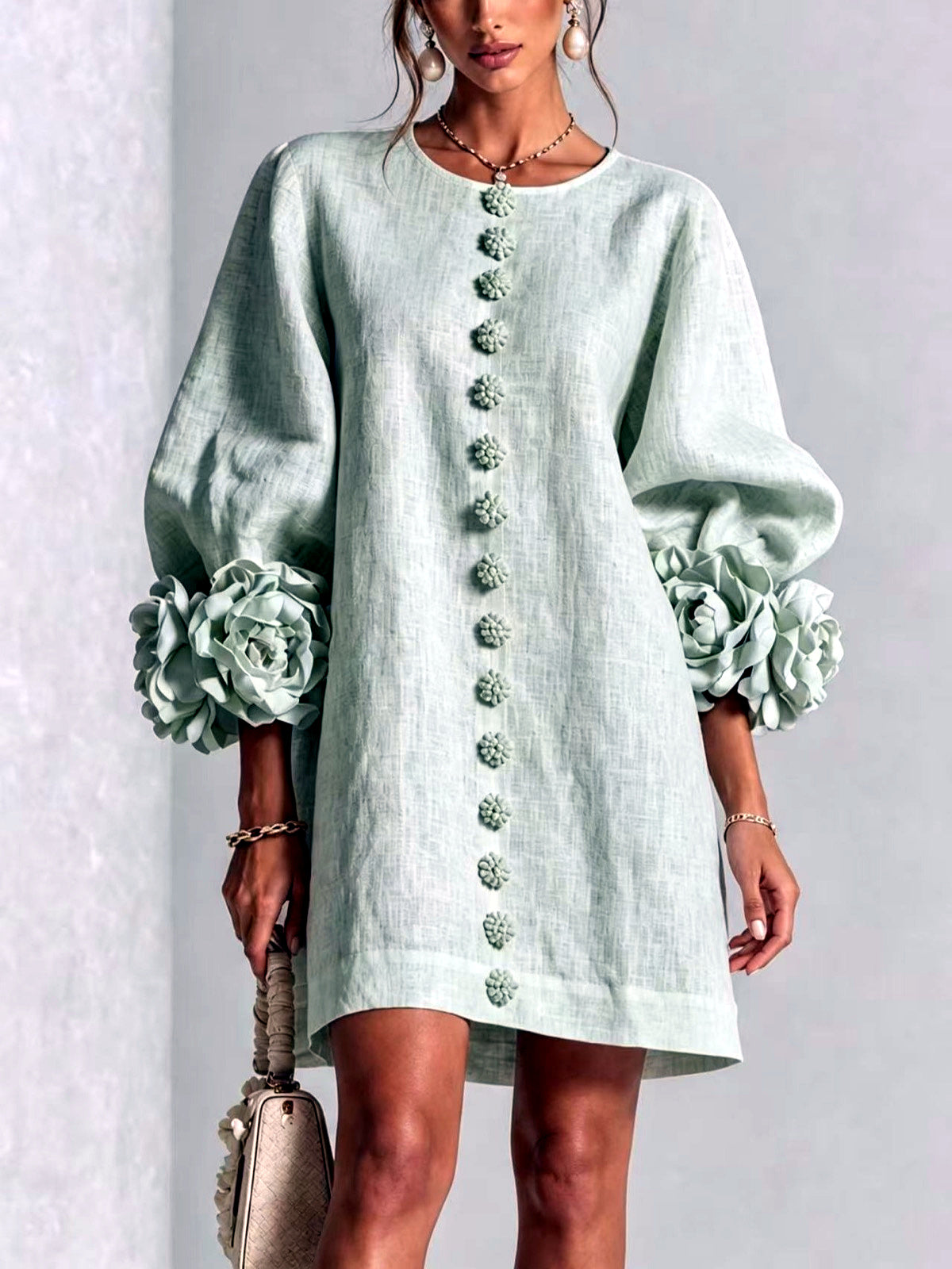 Women's Solid-Color Crew-Neck Button-Front Pullover Relaxed-Fit Dress in Light Green - product view