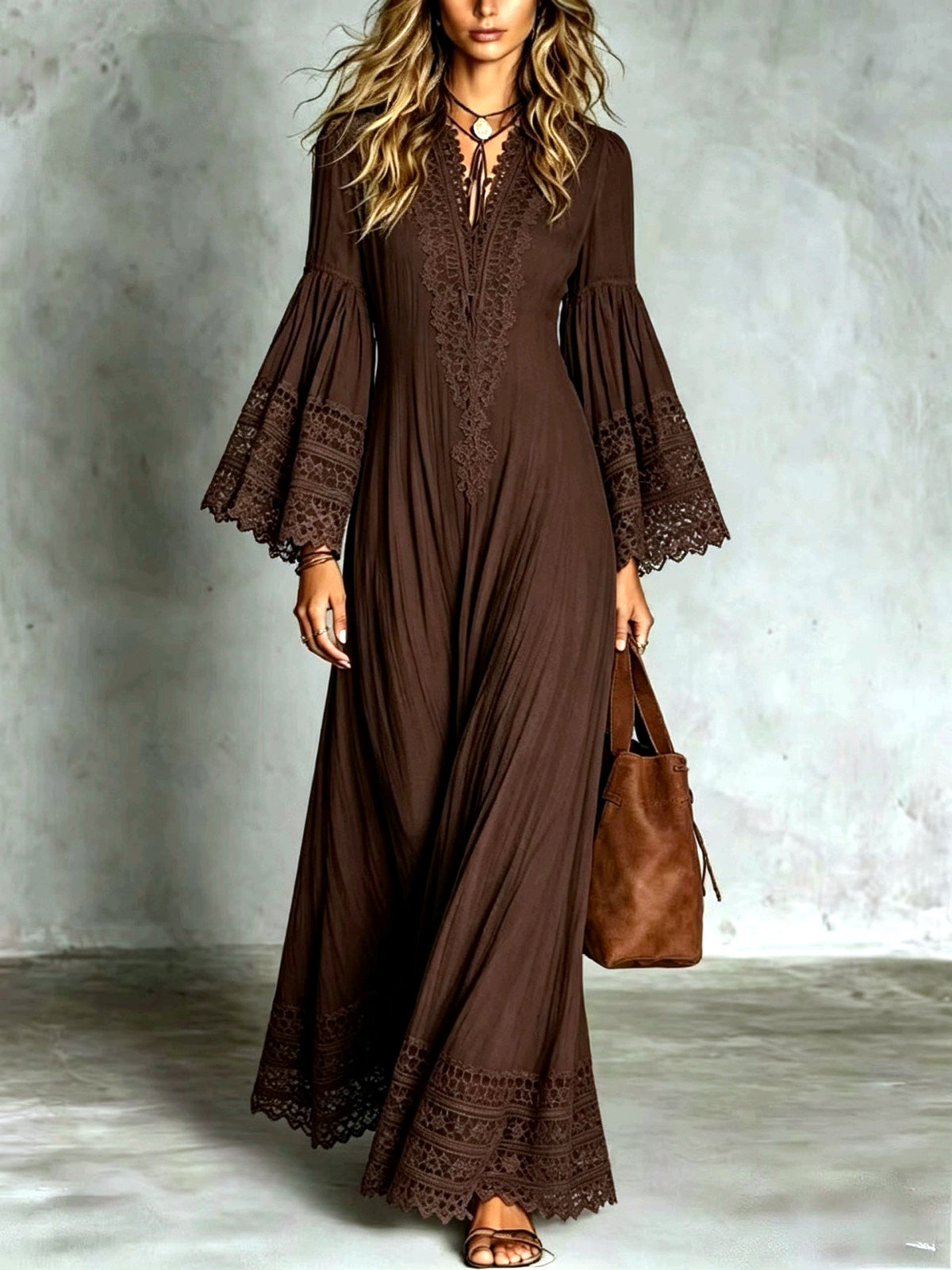 Lace-Trim Patchwork Vintage-Inspired Dress in Coffee Brown - product view