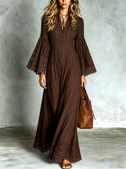 Lace-Trim Patchwork Vintage-Inspired Dress in Coffee Brown - product view