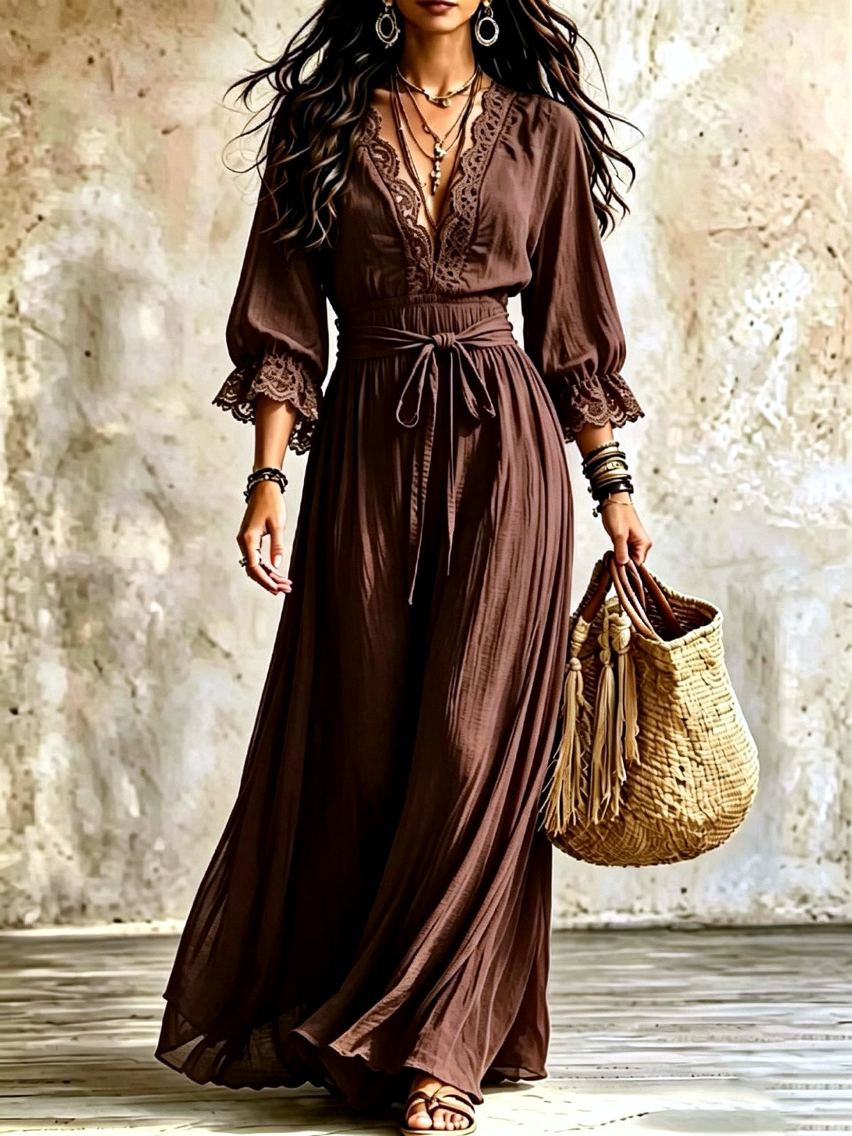 Women's V-Neck Lace-Trim Belted Flared Apparel in Coffee Brown - product view