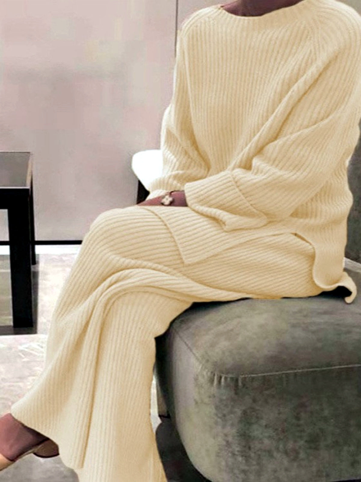 Women's Knit Solid-Color Long-Sleeve Two-Piece Set in Apricot - product view