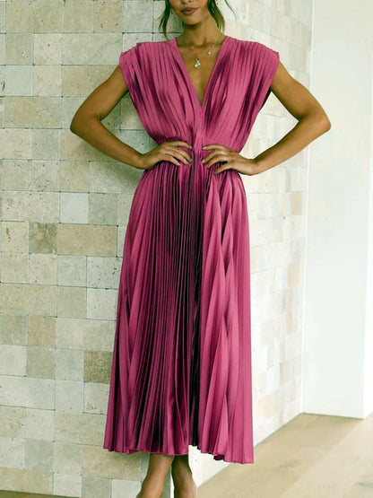 Solid-Color Patchwork Zip-Front Pullover Relaxed-Fit Sleeveless Dress in Rose Red - product view