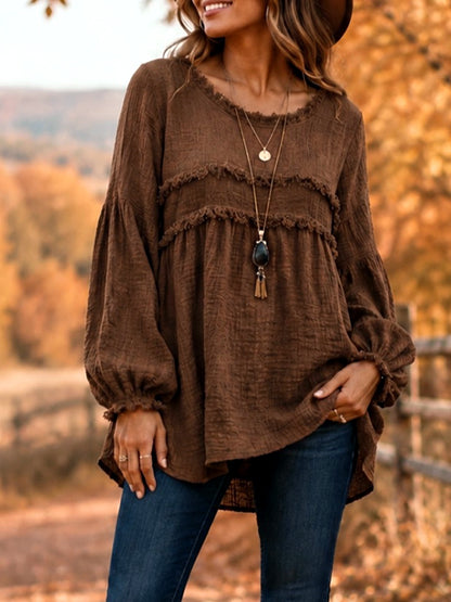 Fringe-Trim Lace-Trim Patchwork Accessory in Brown - product view