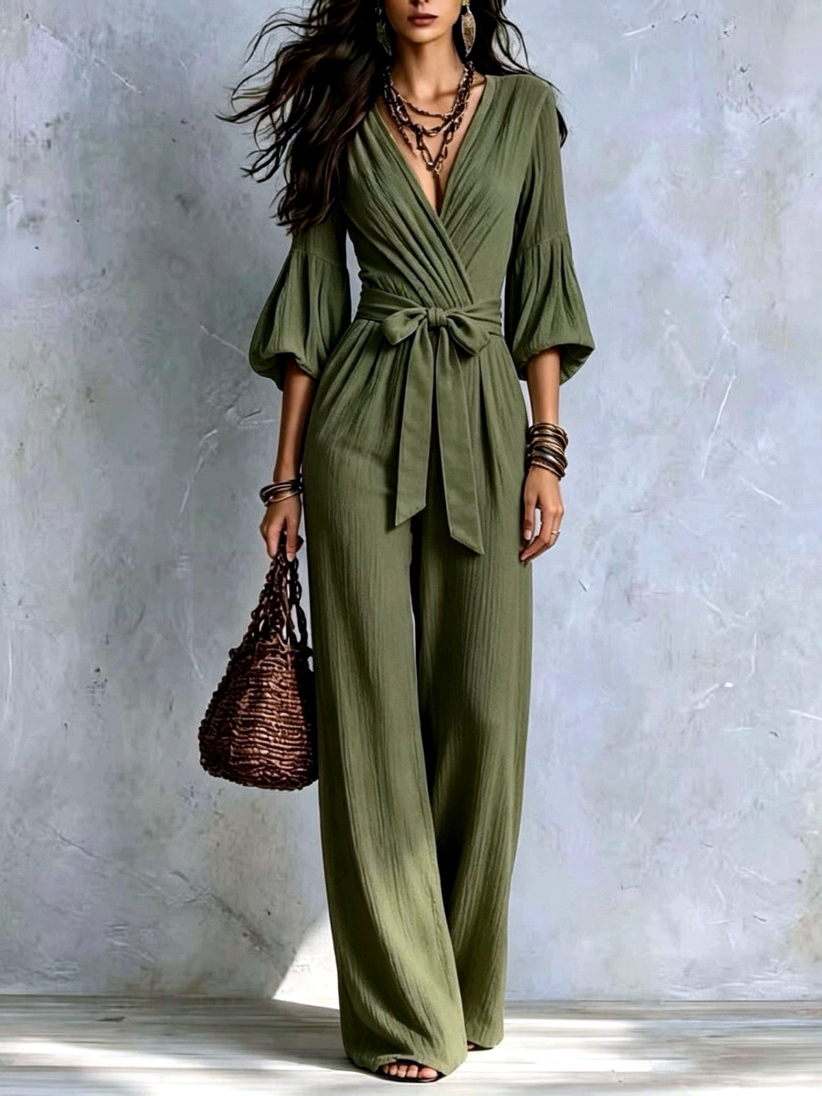 Women's Longline High-Waist Wide-Leg Pants in Army Green - product view