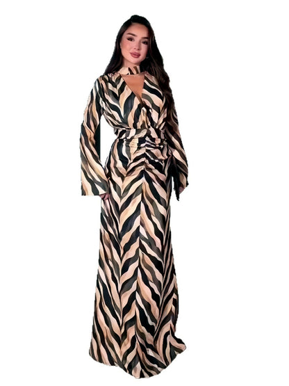 Printed V-Neck Pullover Long-Sleeve High-Waist Dress - product detail view 3