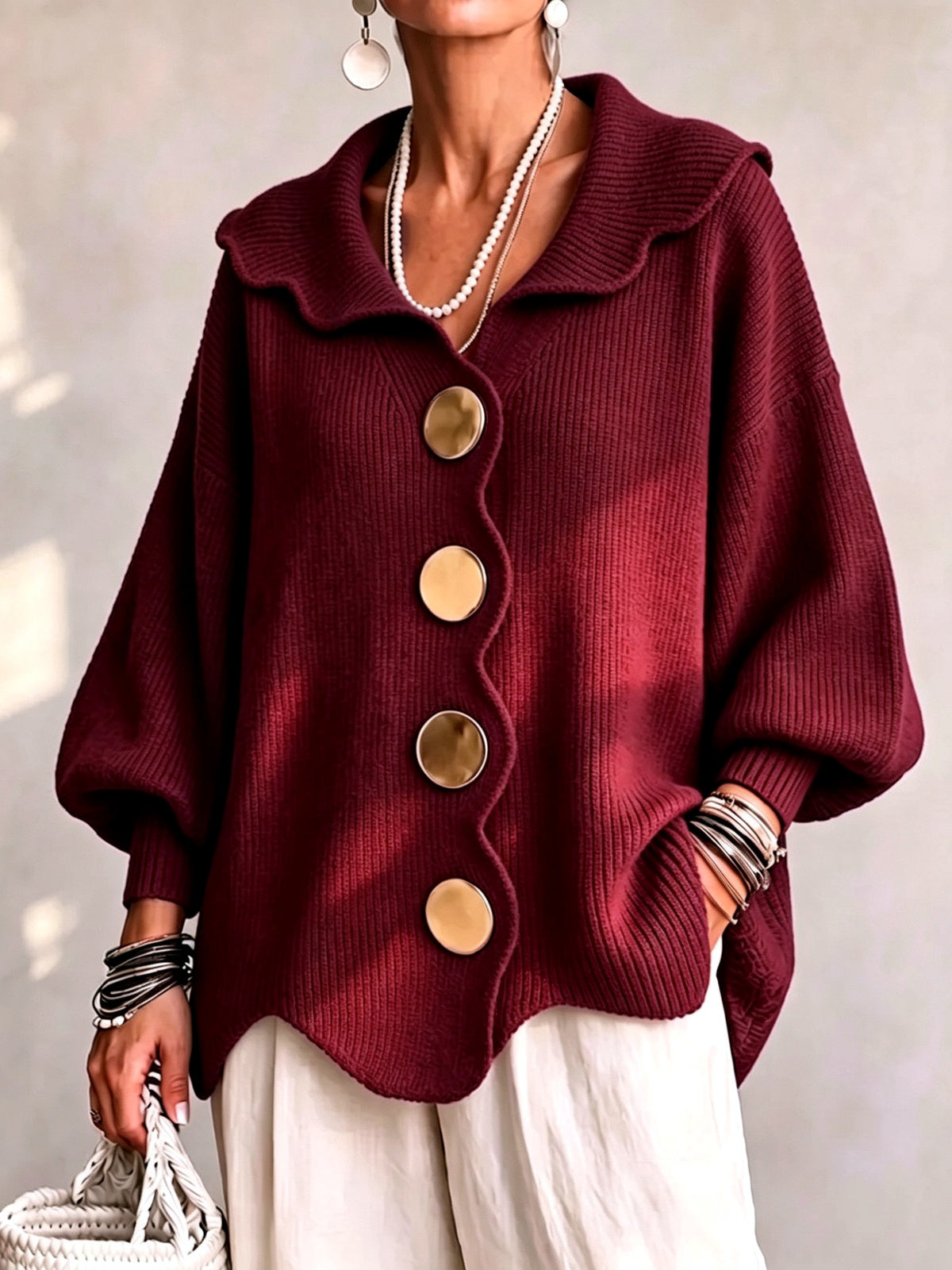 Women's V-Neck Long-Sleeve Top in Red - product view