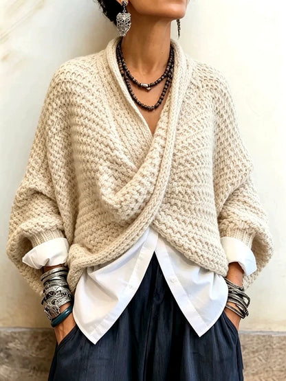 Knit Solid-Color V-Neck Pullover Relaxed-Fit Long-Sleeve Woven Sweater in Beige - product view