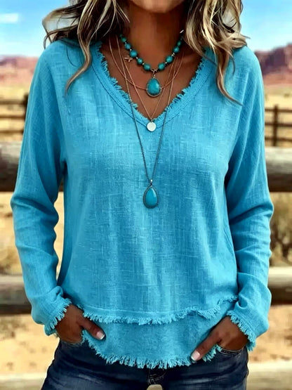 Women's Solid-Color V-Neck Relaxed-Fit Long-Sleeve T-Shirt in Blue - product view
