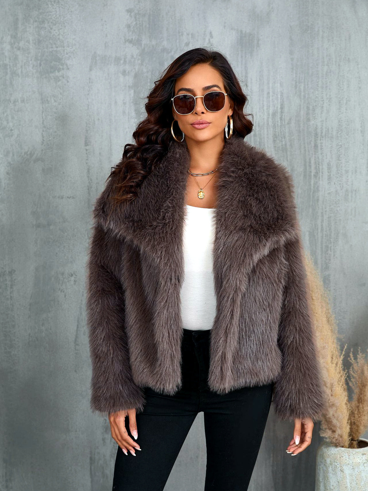 Women's Faux-Fur Point-Collar Long-Sleeve Pocket Coat in Coffee Brown - product view
