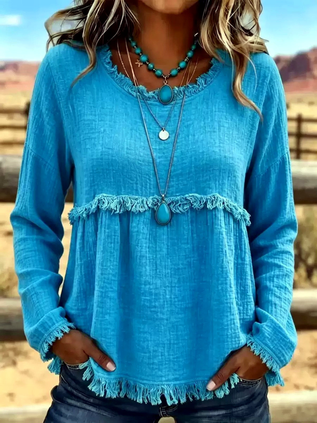 Crew-Neck Long-Sleeve Vintage-Inspired Shirt in Blue - product view