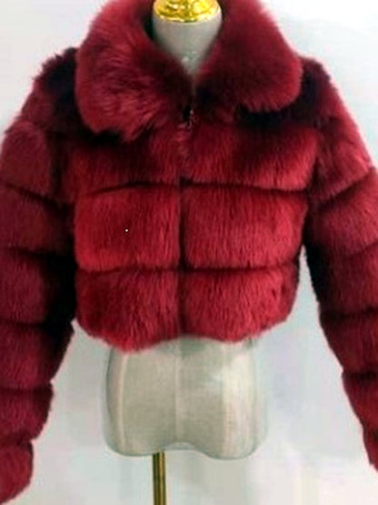 Women's Faux-Fur Point-Collar Stand-Collar Patchwork Long-Sleeve Coat in Burgundy - product view