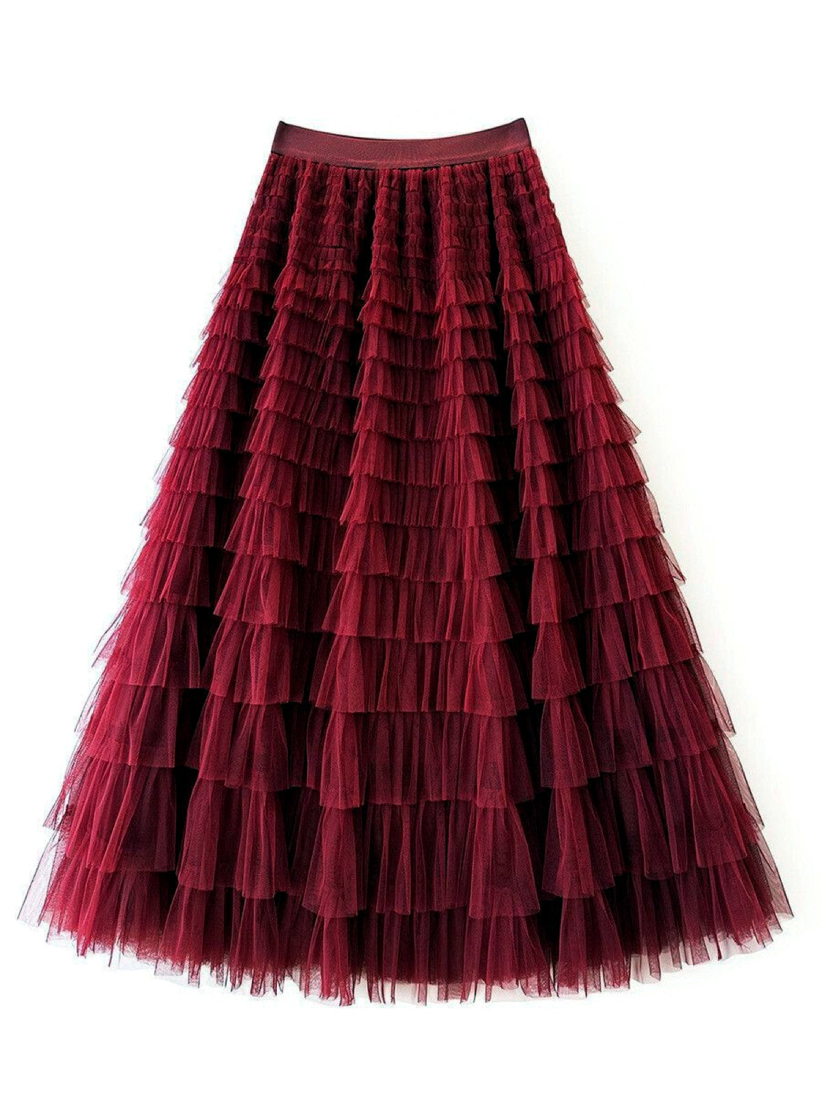 Women's Solid-Color Patchwork Longline Stretch Midi High-Waist Skirt in Burgundy - product view