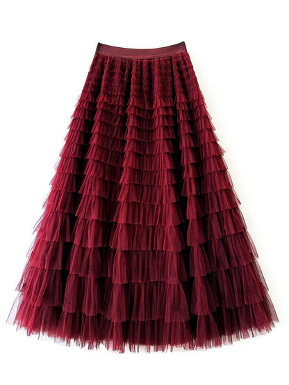 Women's Solid-Color Patchwork Longline Stretch Midi High-Waist Skirt in Burgundy - product view