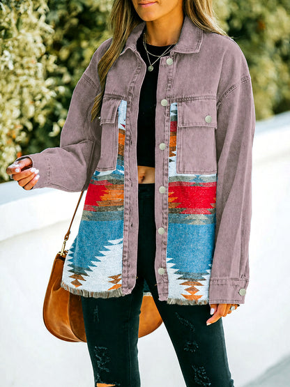 Women's Long Sleeve Open Front Blazer Cardigan Solid Color Casual Denim Raw-Hem Mid-Length Jacket in Blue - product view