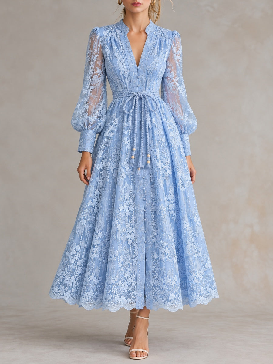 Women's Solid-Color V-Neck Lace-Trim Long-Sleeve Puff-Sleeve Dress