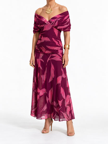 Women's Printed Solid-Color V-Neck Off-Shoulder Pullover Stretch Dress