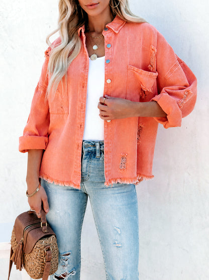 Women's Long Sleeve Open Front Blazer Cardigan Solid Color Casual Denim Raw-Hem Point-Collar Jacket in Orange - product view