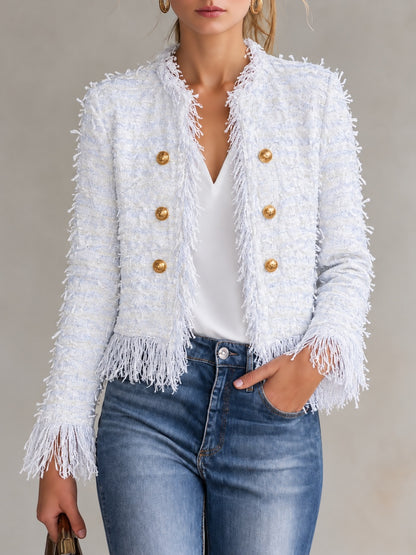 Tweed-Texture Fringe-Trim Cropped Blazer