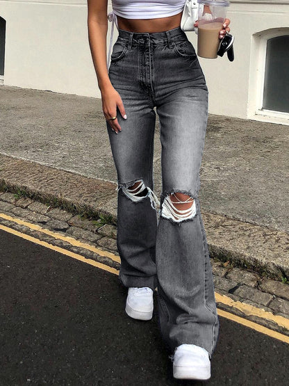 Women's Ripped Wide Leg Flare Jeans, Washed Distressed Denim Pants with Relaxed Streetwear Fit