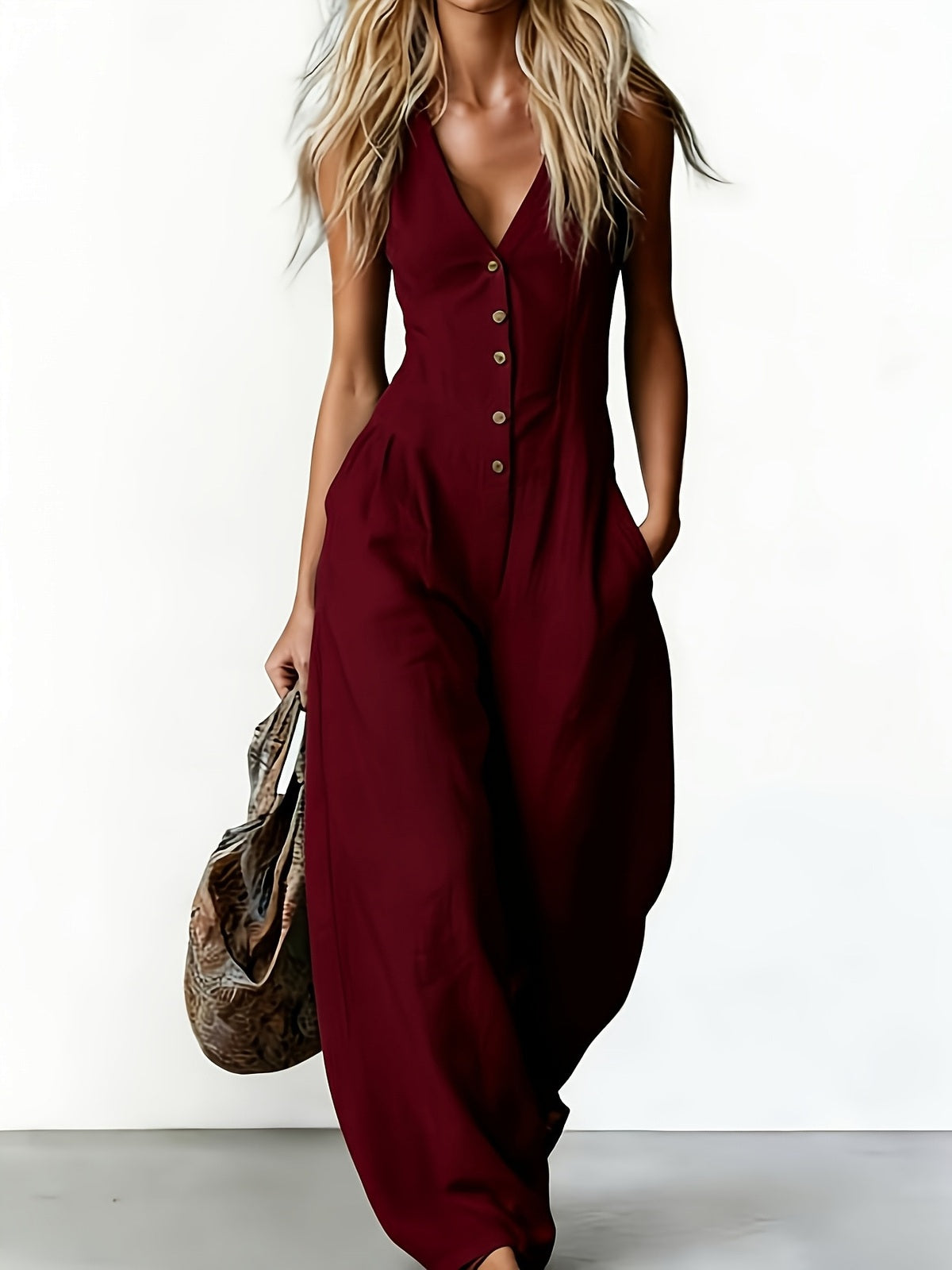 Women's V Neck Sleeveless Jumpsuit, Linen Look Wide Leg One Piece Outfit