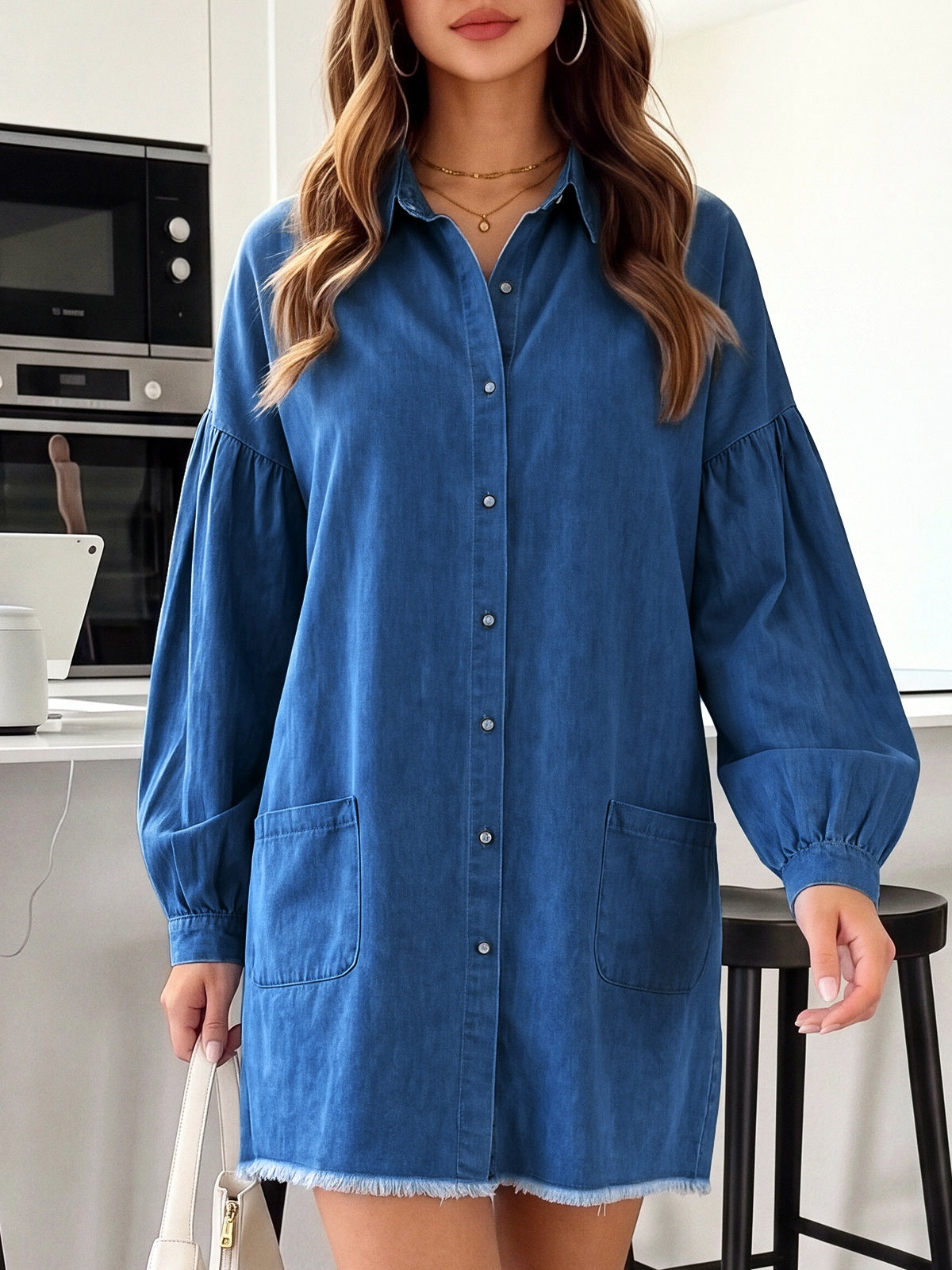 Women's Washed Denim Shirt Dress, Long Sleeve Button Front Loose Midi Dress with Lantern Sleeves