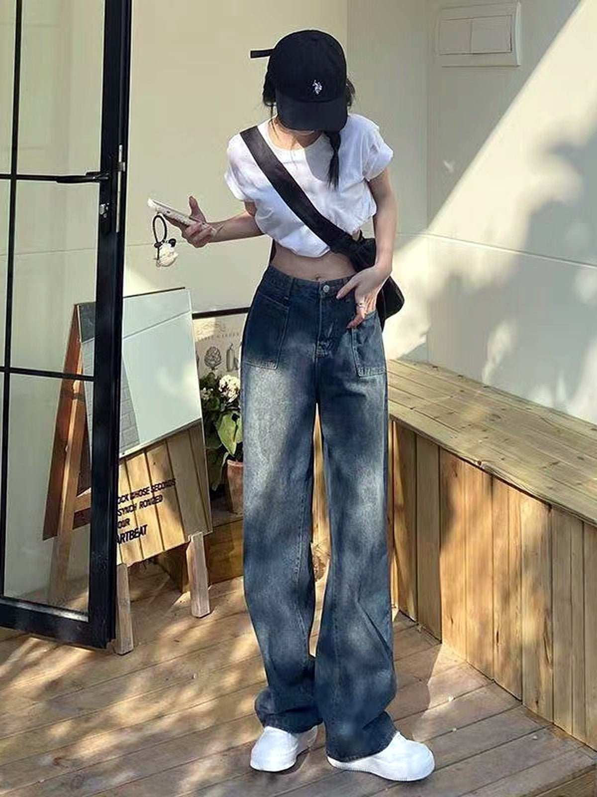 Women's Blue Gray Wide Leg Jeans, High Waist Loose Straight Denim Pants for Petite Casual Looks