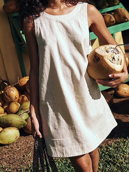 Women's Linen Blend Backless Mini Dress, Sleeveless Solid Color Summer Tank Dress