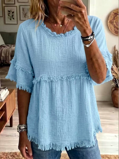 Women's Textured Fringe Short Sleeve Top, Round Neck Casual Summer Blouse