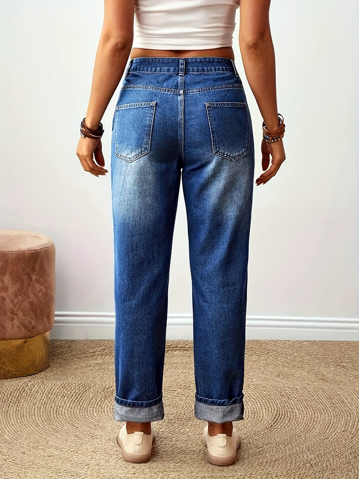 Women's Embroidered Straight Jeans, High Waist Stretch Denim Pants with Rolled Cropped Hem