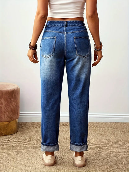 Women's Embroidered Straight Jeans, High Waist Stretch Denim Pants with Rolled Cropped Hem