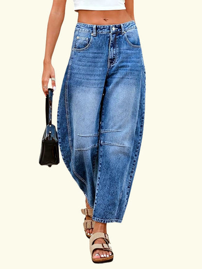 Women's Loose Straight Jeans, Casual Denim Pants with Blue and Leopard Print Options