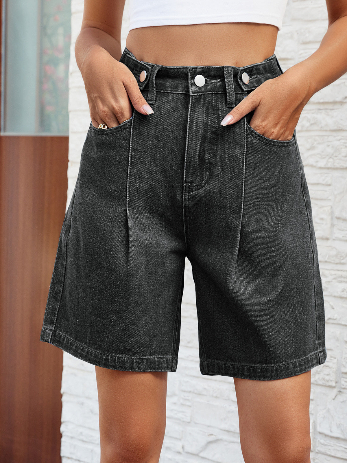 Women’s Adjustable Waist Washed Denim Bermuda Shorts Mid Length Streetwear Jean Shorts