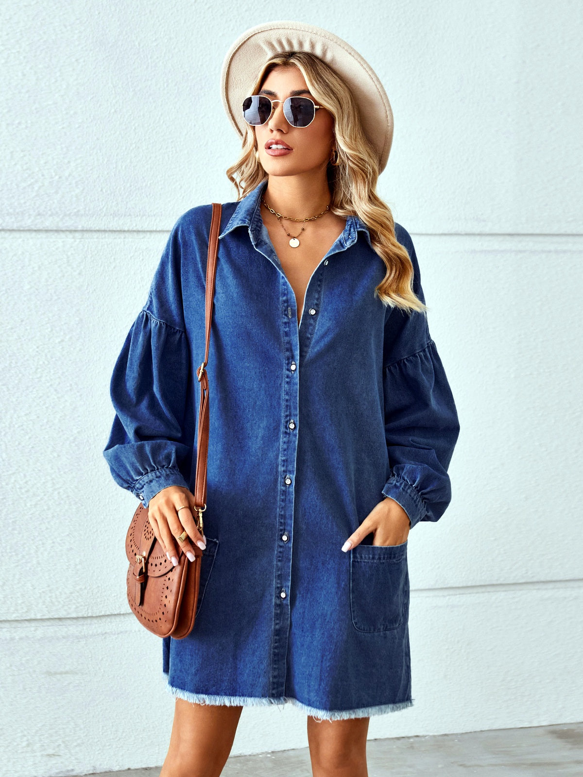 Women's Washed Denim Shirt Dress, Long Sleeve Loose Raw Hem Midi Jean Dress