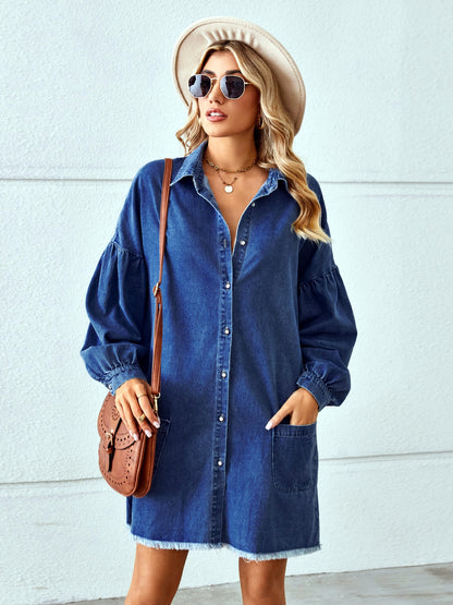 Women's Washed Denim Shirt Dress, Long Sleeve Loose Raw Hem Midi Jean Dress
