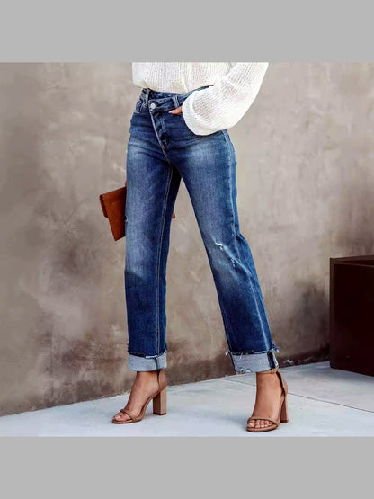 Women's Washed Straight Leg Jeans Mid Rise Loose Denim Pants - product detail view 4