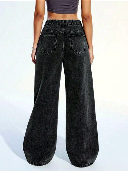 Women's Washed Denim Solid-Color Distressed Mid-Rise Wide-Leg Jeans - product detail view 4
