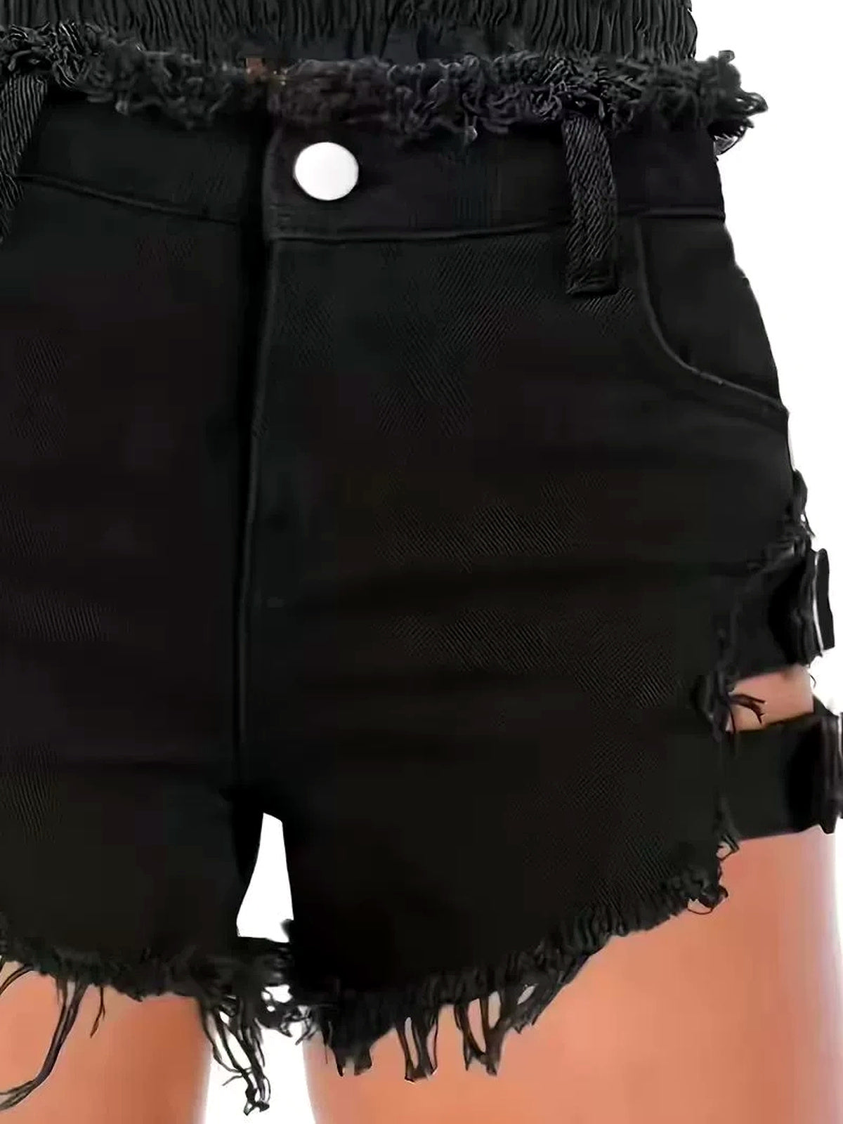 Women's Washed Denim Patchwork Solid-Color Distressed Raw-Hem Shorts - product detail view 4