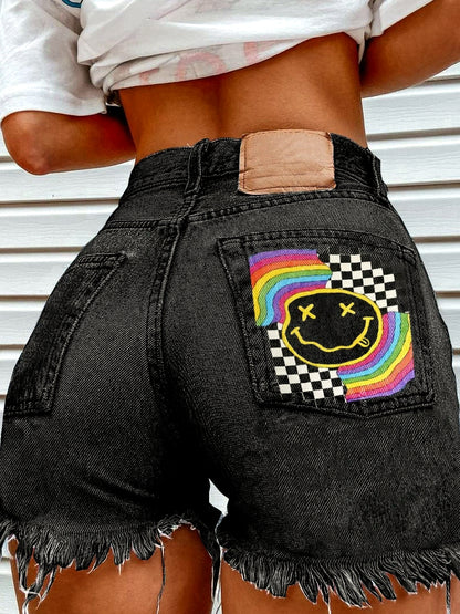 Women's Denim Printed Distressed Relaxed-Fit Mid-Rise Streetwear Shorts - product detail view 3