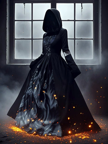 Women's Halloween Witch-Inspired Skeleton-Inspired Cosplay Hooded Dress - product detail view 4