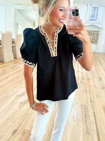 V-Neck Patchwork Short-Sleeve Longline Mid-Length Shirt - product detail view 3