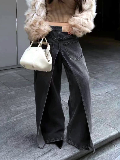Women's Denim Patchwork Stretch High-Waist Wide-Leg Jeans - product detail view 4