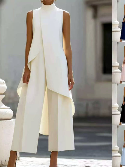 Solid-Color Patchwork Asymmetric Sleeveless Wide-Leg Top & Pants Set - product detail view 1