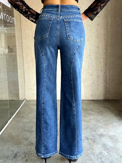 Women's Denim Knit High-Waist Straight-Leg Streetwear Pants - product detail view 3