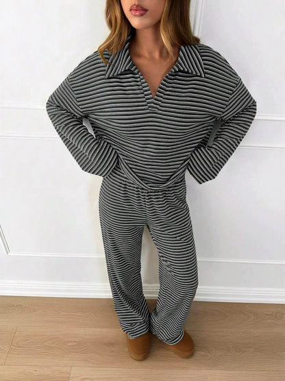 Striped Plaid Printed Point-Collar Long-Sleeve Wide-Leg Top & Pants Set - product detail view 1