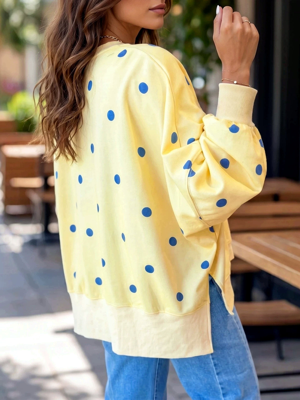Women's Printed Crew-Neck Patchwork Relaxed-Fit Long-Sleeve Polka-Dot Sweatshirt - product detail view 1